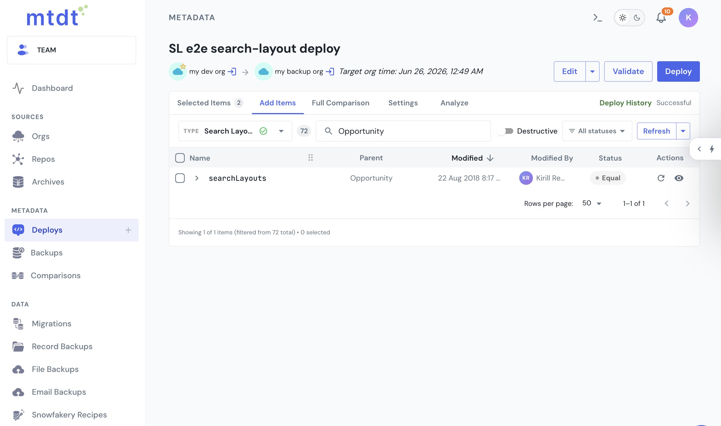 A search layout shown as its own selectable item in mtdt, filtered by the Search Layout type