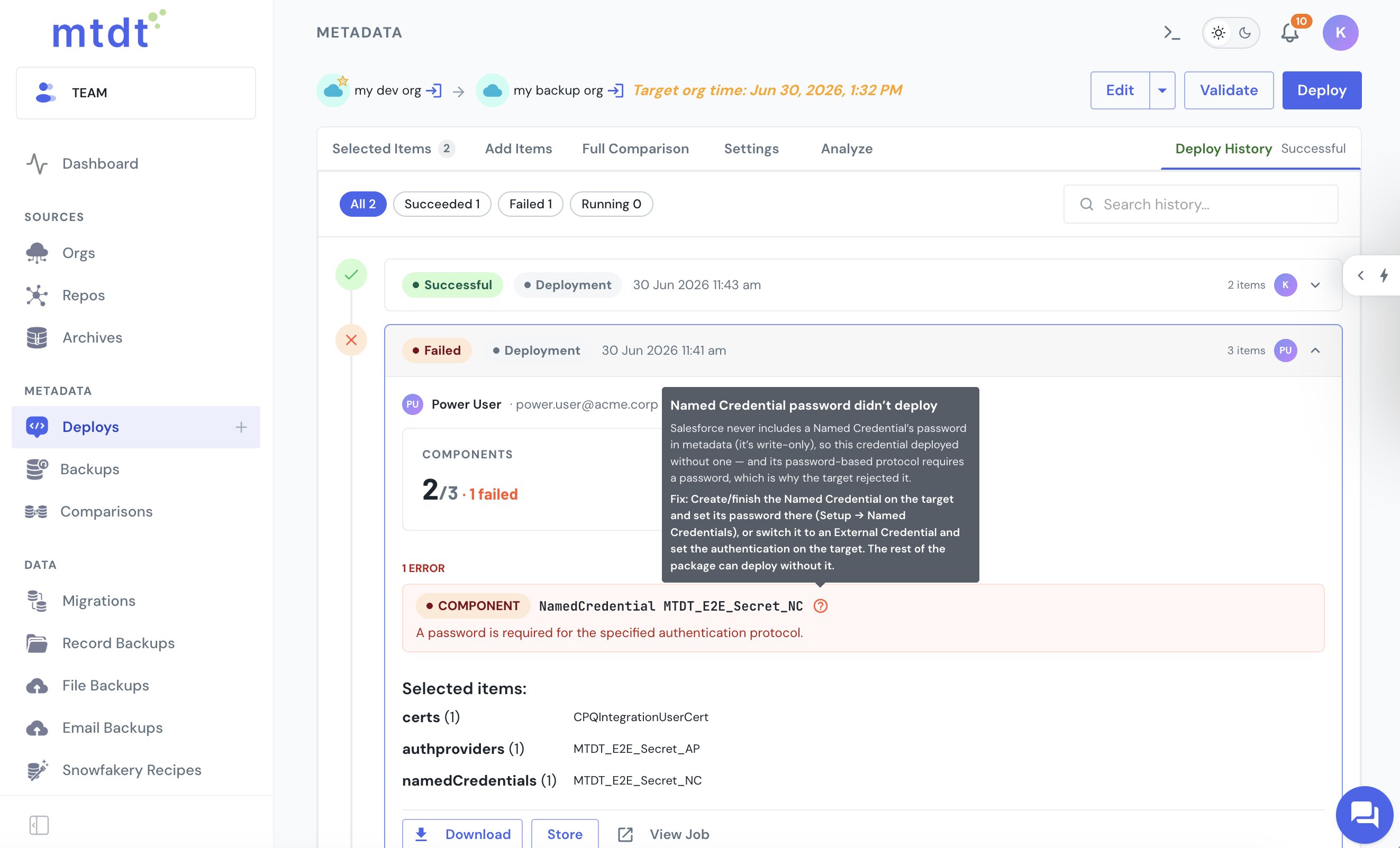 mtdt's Deploy History showing the Named Credential failure decoded — 'A password is required for the specified authentication protocol' explained, with the fix