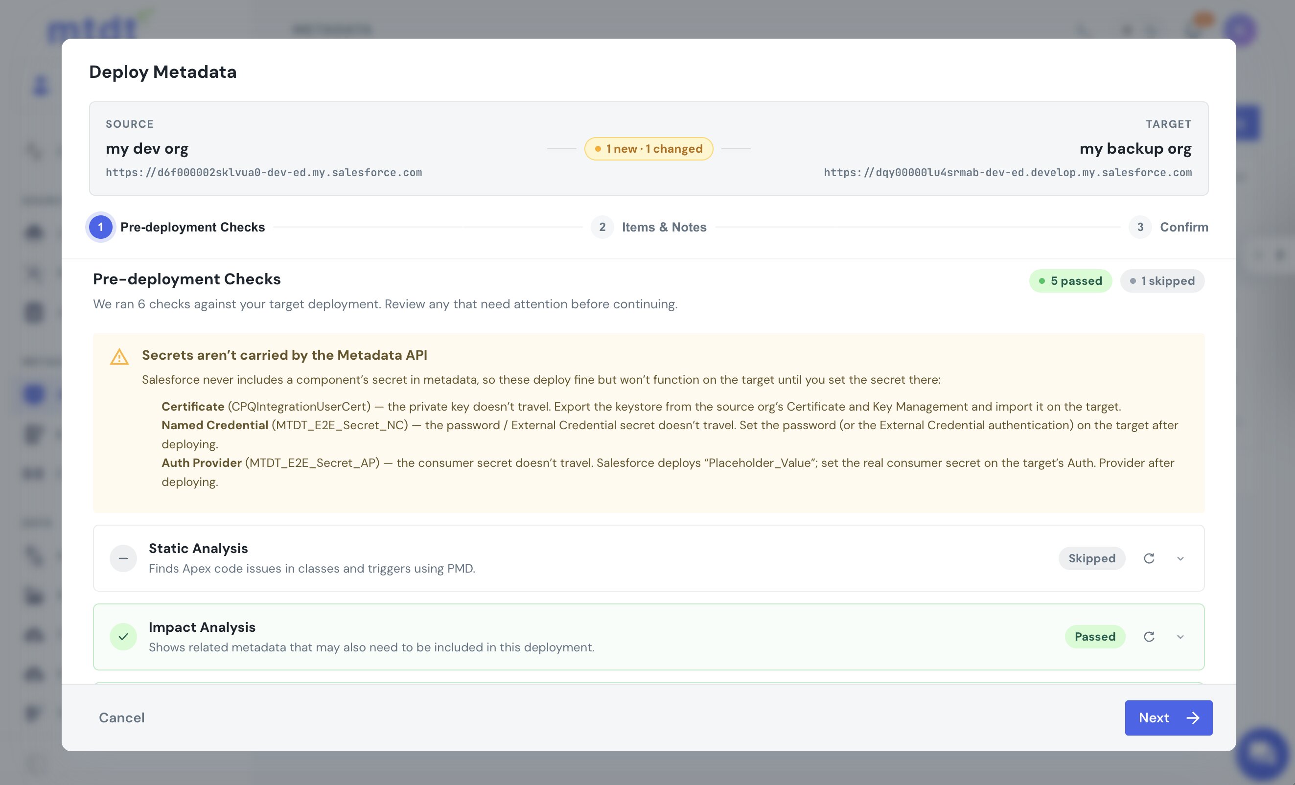 mtdt's pre-deployment check warning that secrets aren't carried by the Metadata API, listing the certificate, named credential, and auth provider with their missing secrets
