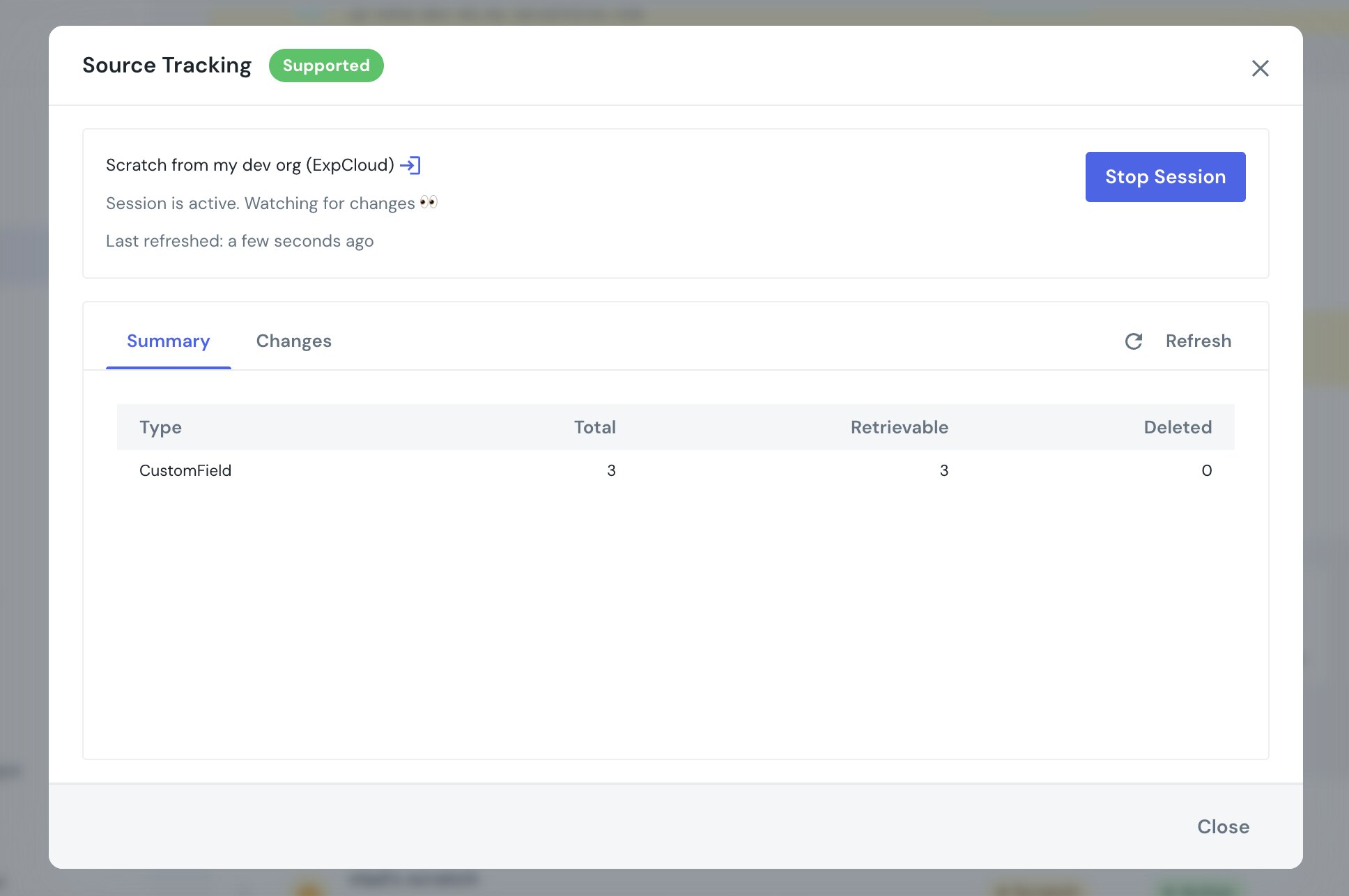 The session summary — what changed, grouped by type, with retrievable and deleted counts
