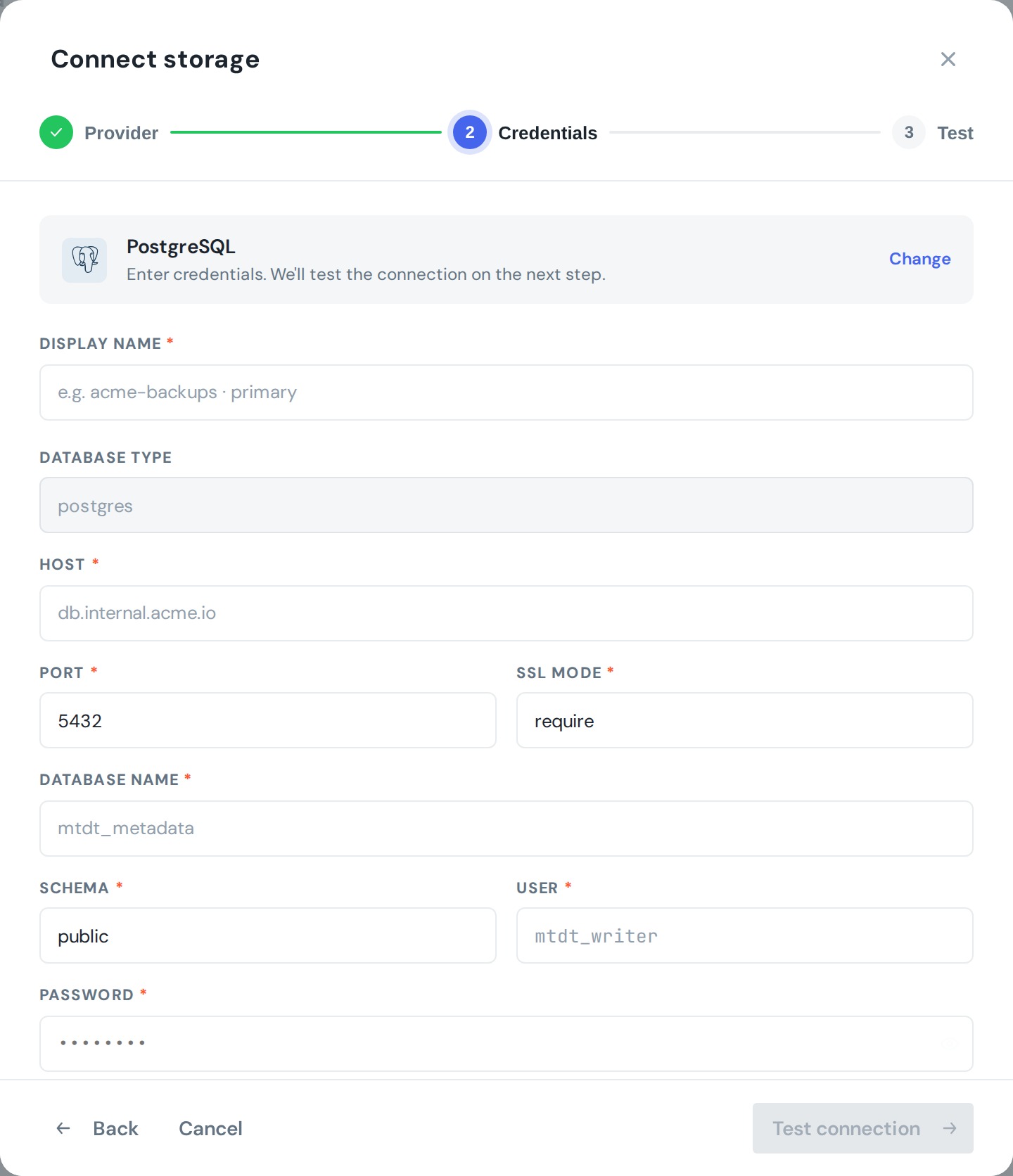 PostgreSQL credentials — host, port, SSL mode, database name, schema, user, password