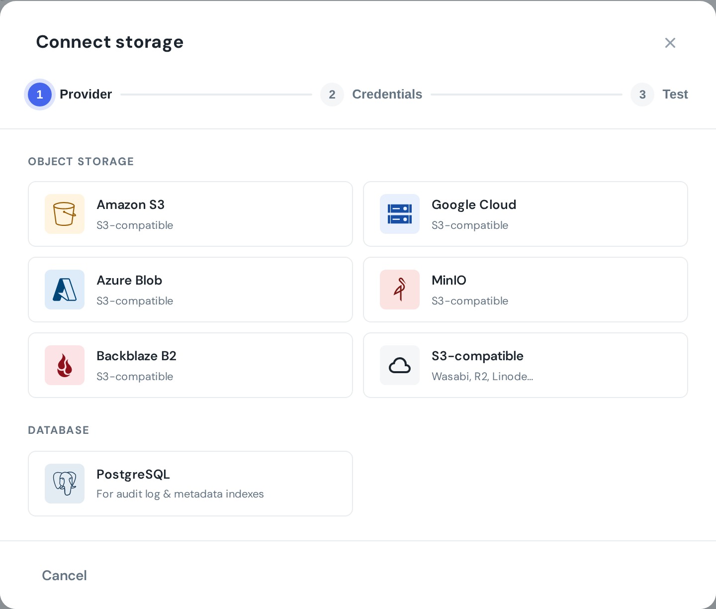 Add storage — choosing a provider: Amazon S3, Google Cloud, Azure Blob, MinIO, Backblaze B2, S3-compatible, or PostgreSQL