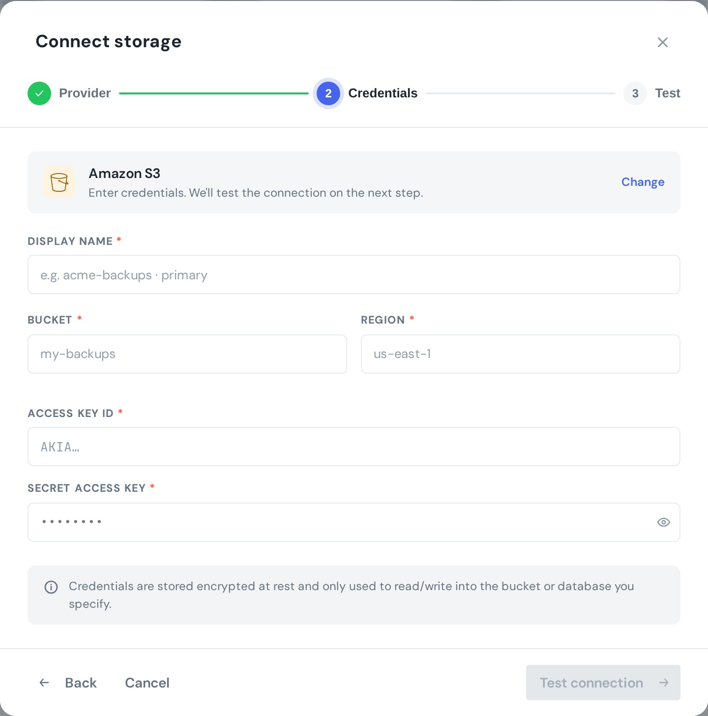 S3 credentials — display name, bucket, region, access key ID, secret access key