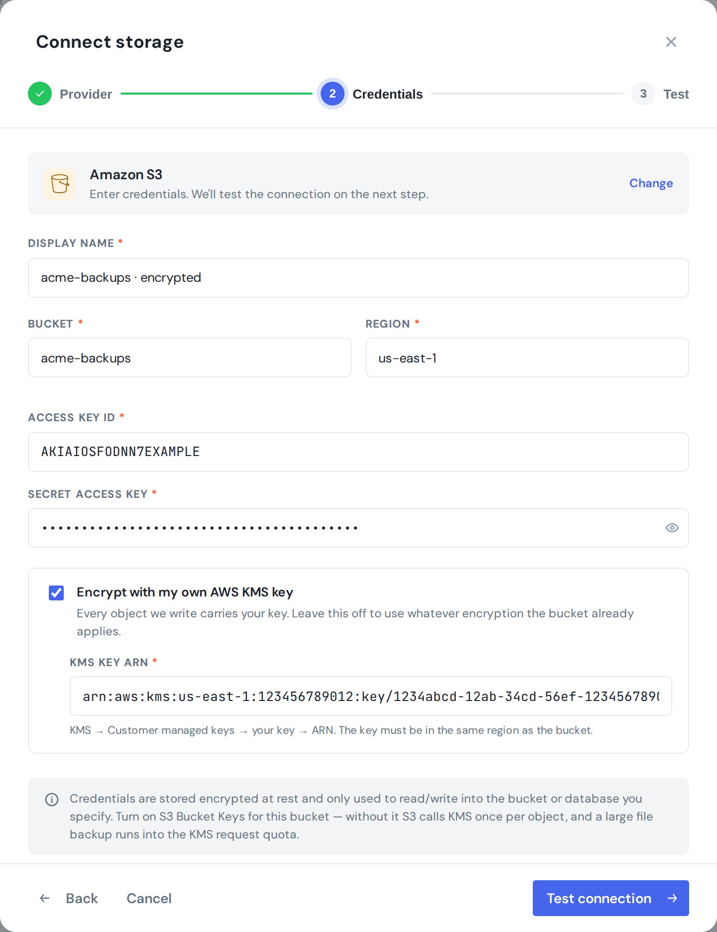 Connect storage: Amazon S3 credentials with "Encrypt with my own AWS KMS key" ticked and a KMS key ARN filled in