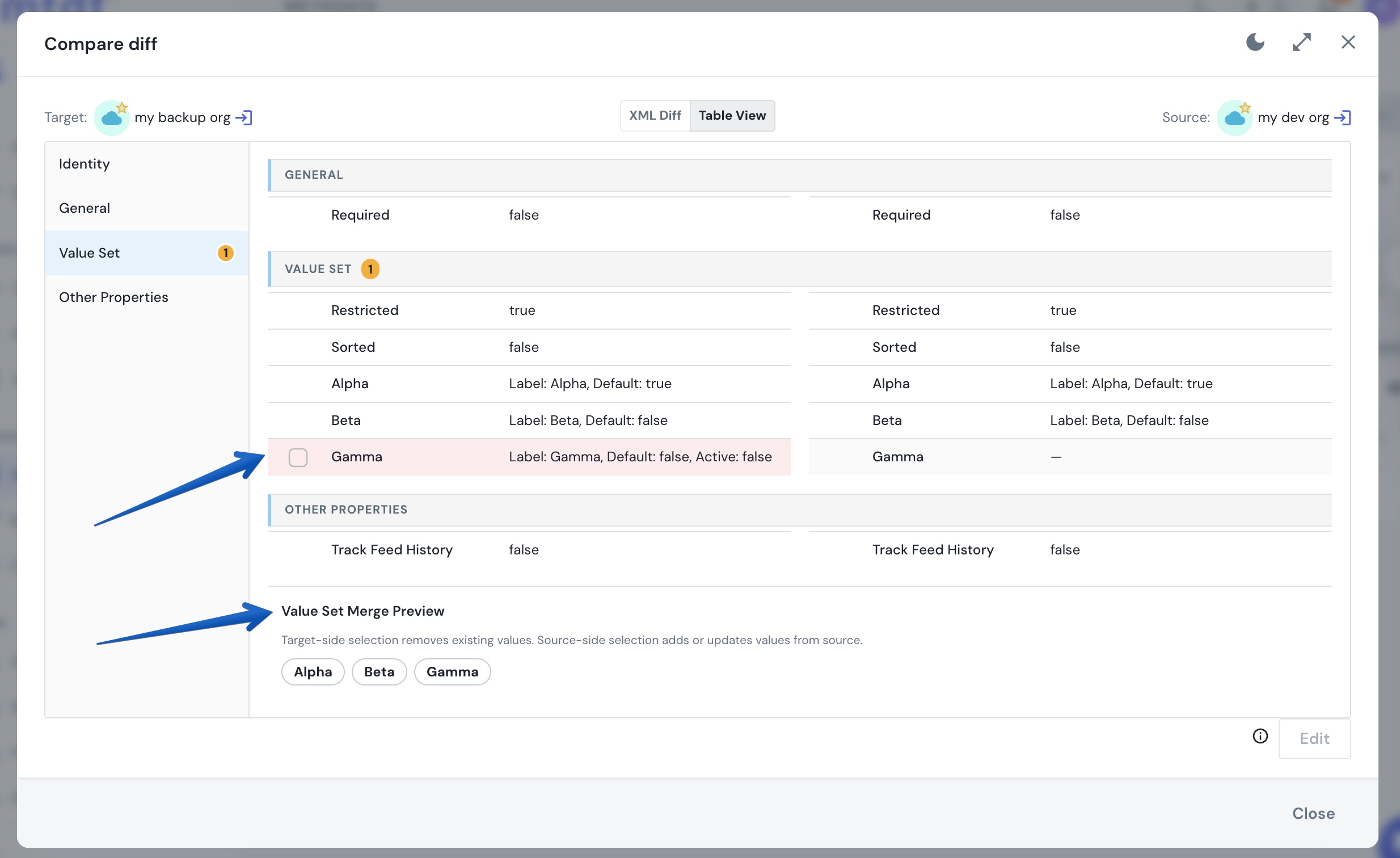 Table View showing a picklist field's Value Set Merge Preview, with source and target values compared