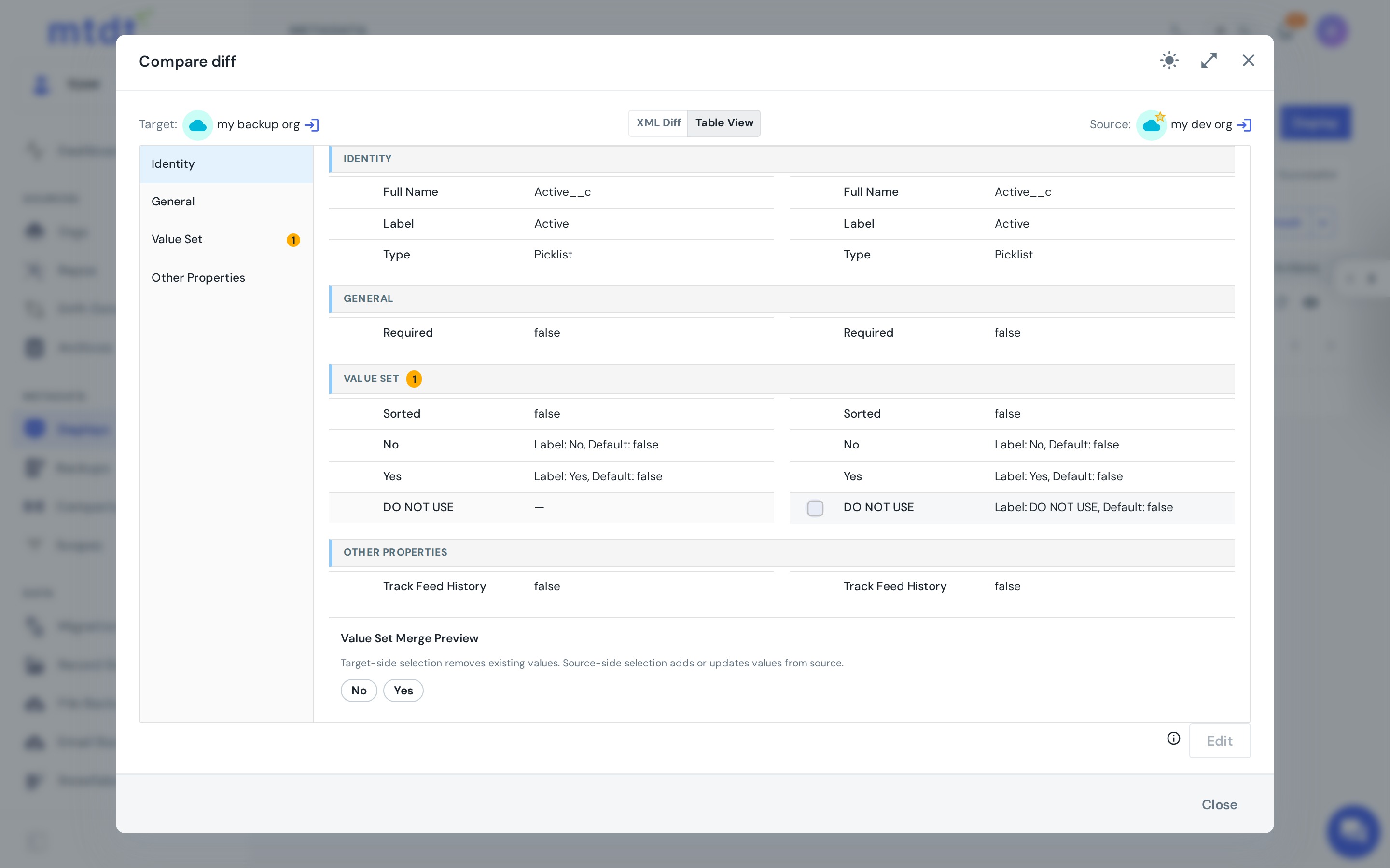 Table View: a field's value set compared row by row, with the source-only "DO NOT USE" value flagged and a checkbox to include just that change