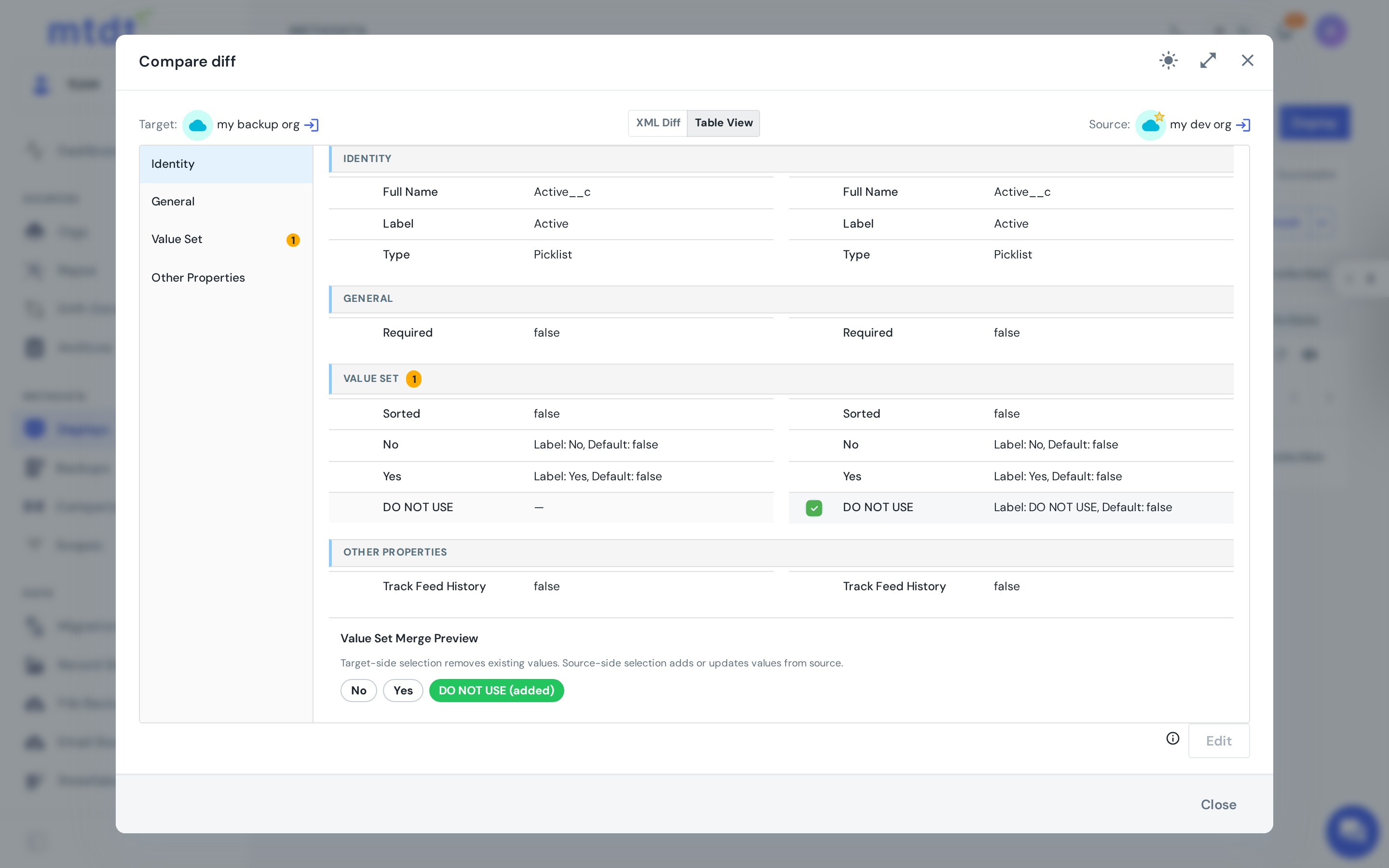 Selecting only the DO NOT USE value — the Merge Preview shows the target keeps Yes/No and gains DO NOT USE