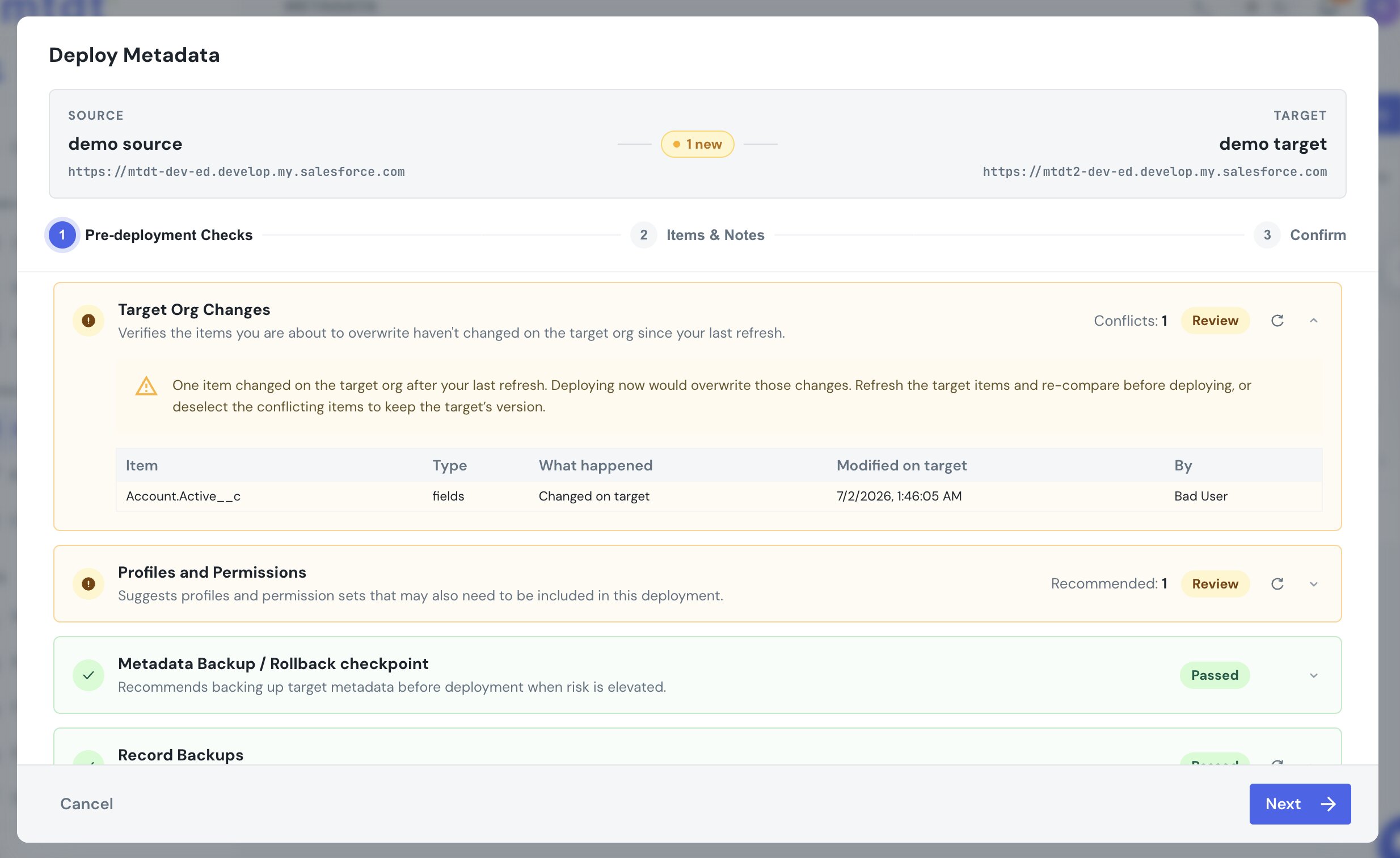 mtdt's Target Org Changes pre-deployment check in Review state — a table showing a field that was changed on the target org after the snapshot, with the modified time and the user who changed it