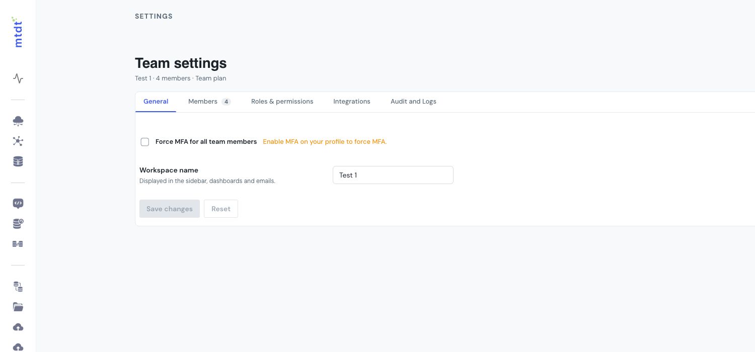 Team workspace settings, members, roles, integrations, and audit logs in mtdt.io