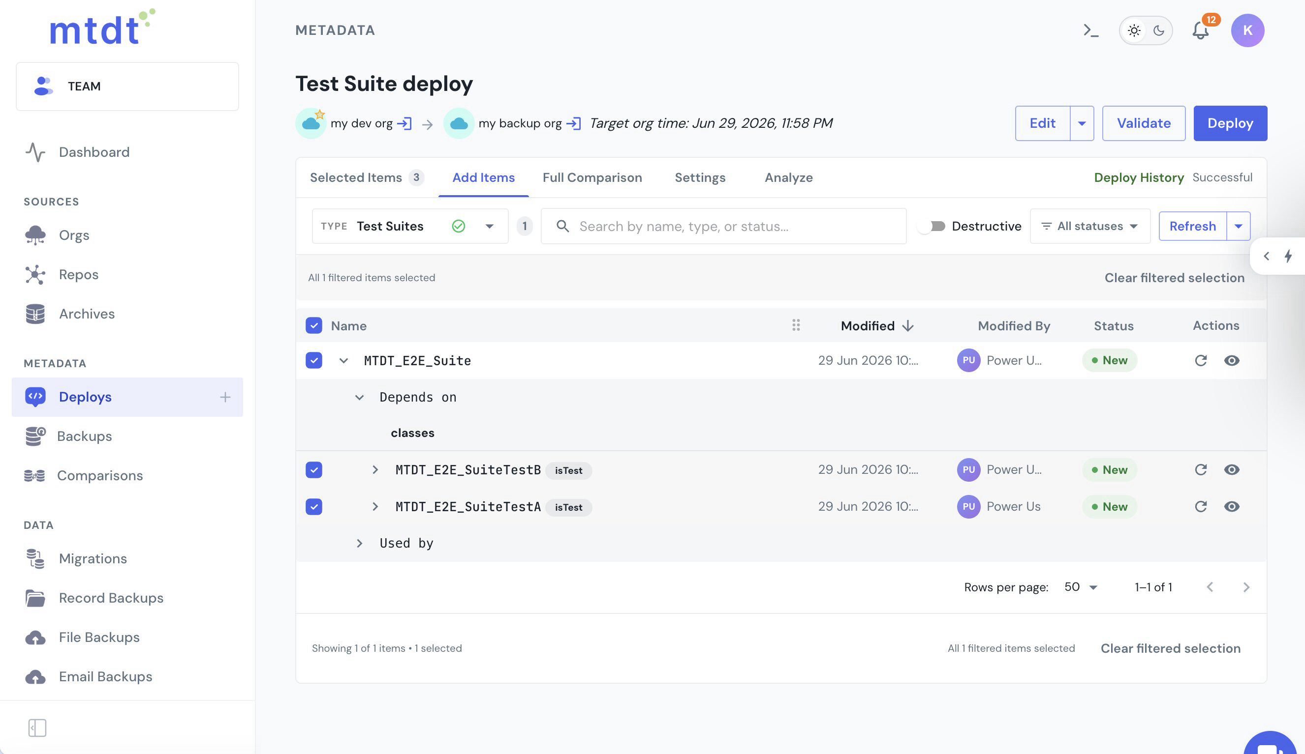 mtdt's deploy Add Items with Test Suites selected, the suite shown with the test classes it depends on