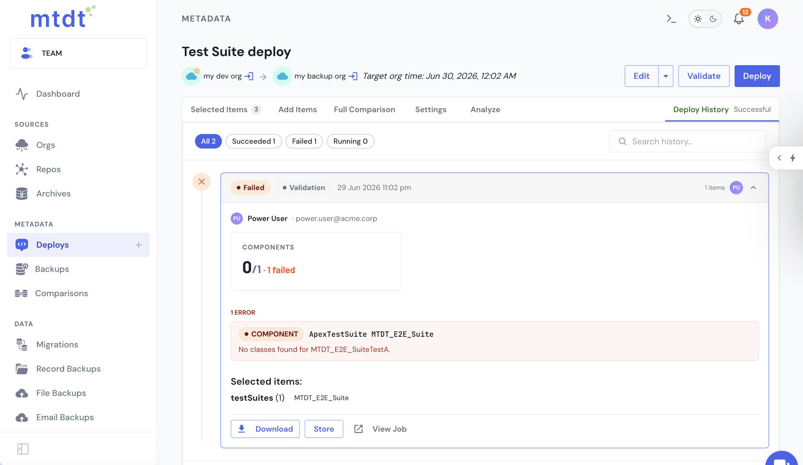 mtdt Deploy History — deploying the suite on its own fails with 'No classes found for MTDT_E2E_SuiteTestA'