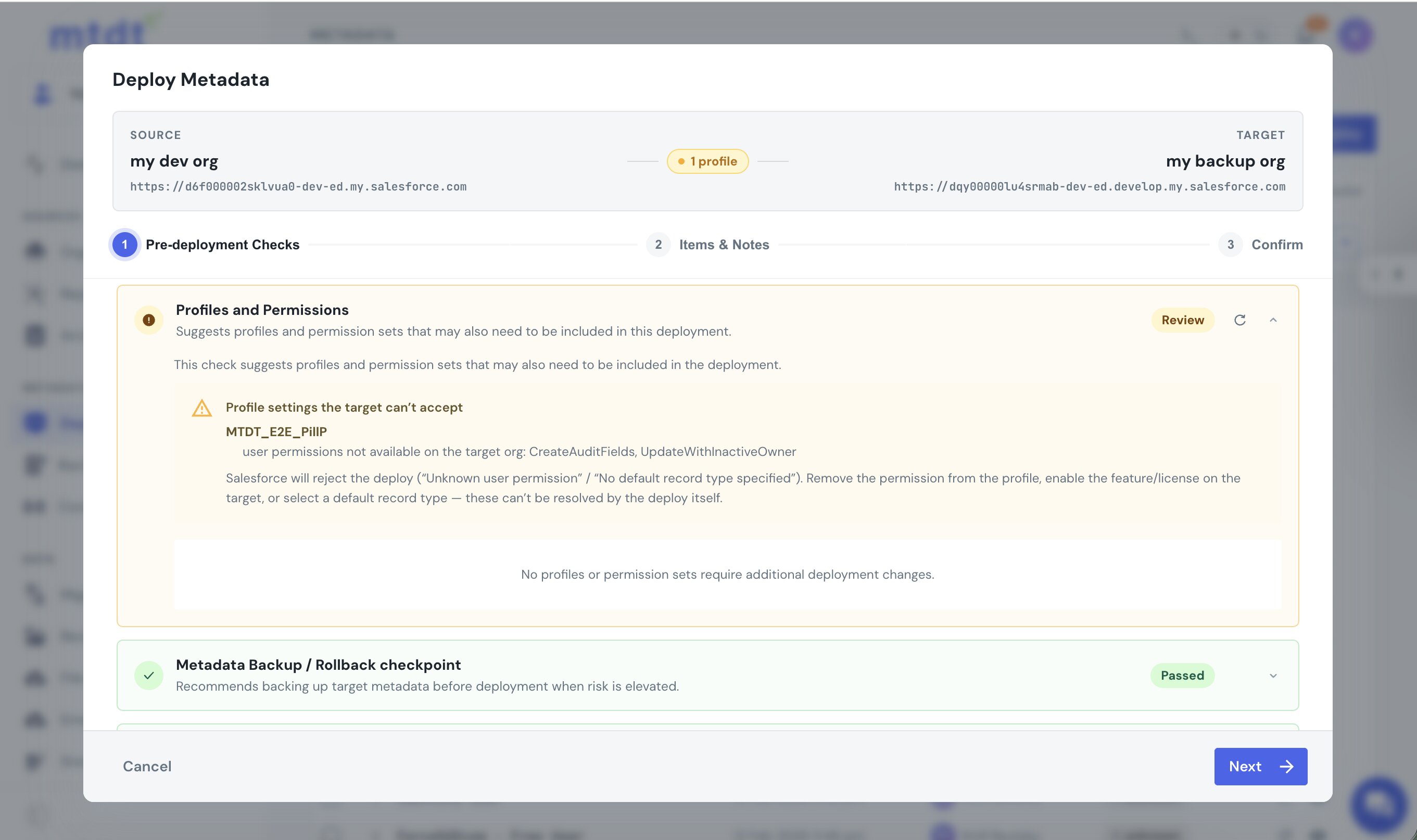 mtdt's Profiles and Permissions check naming the user permissions the target org can't accept, before the deploy runs