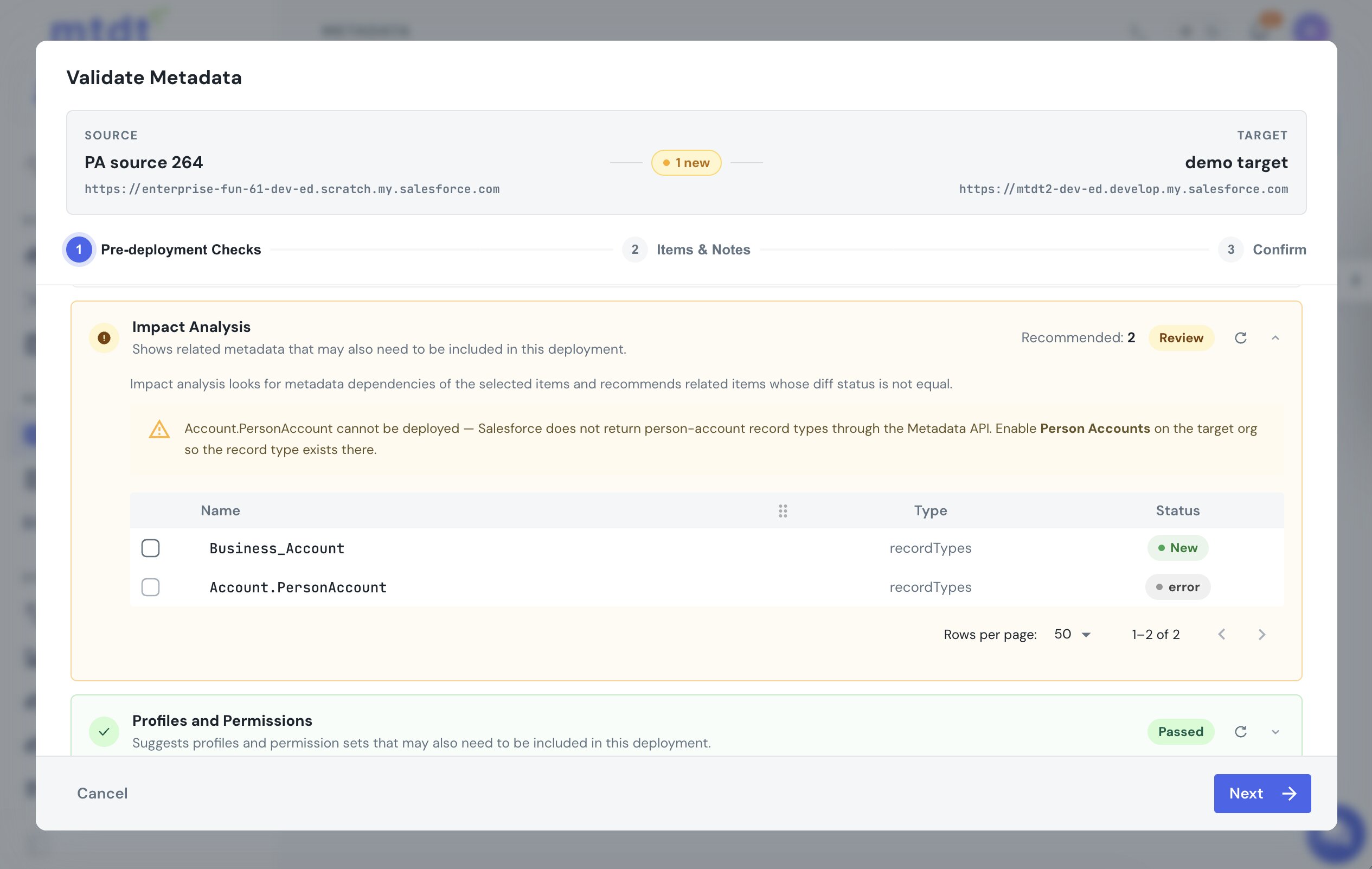mtdt's Impact Analysis recommending the record types a workflow references, and warning that the person-account record type can't be deployed — enable Person Accounts on the target instead